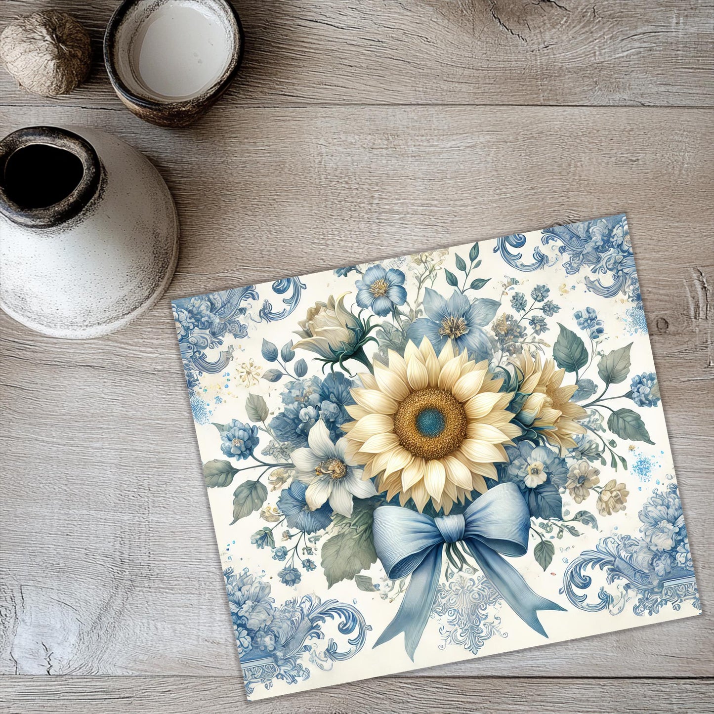 a painting of a sunflower with blue and white flowers