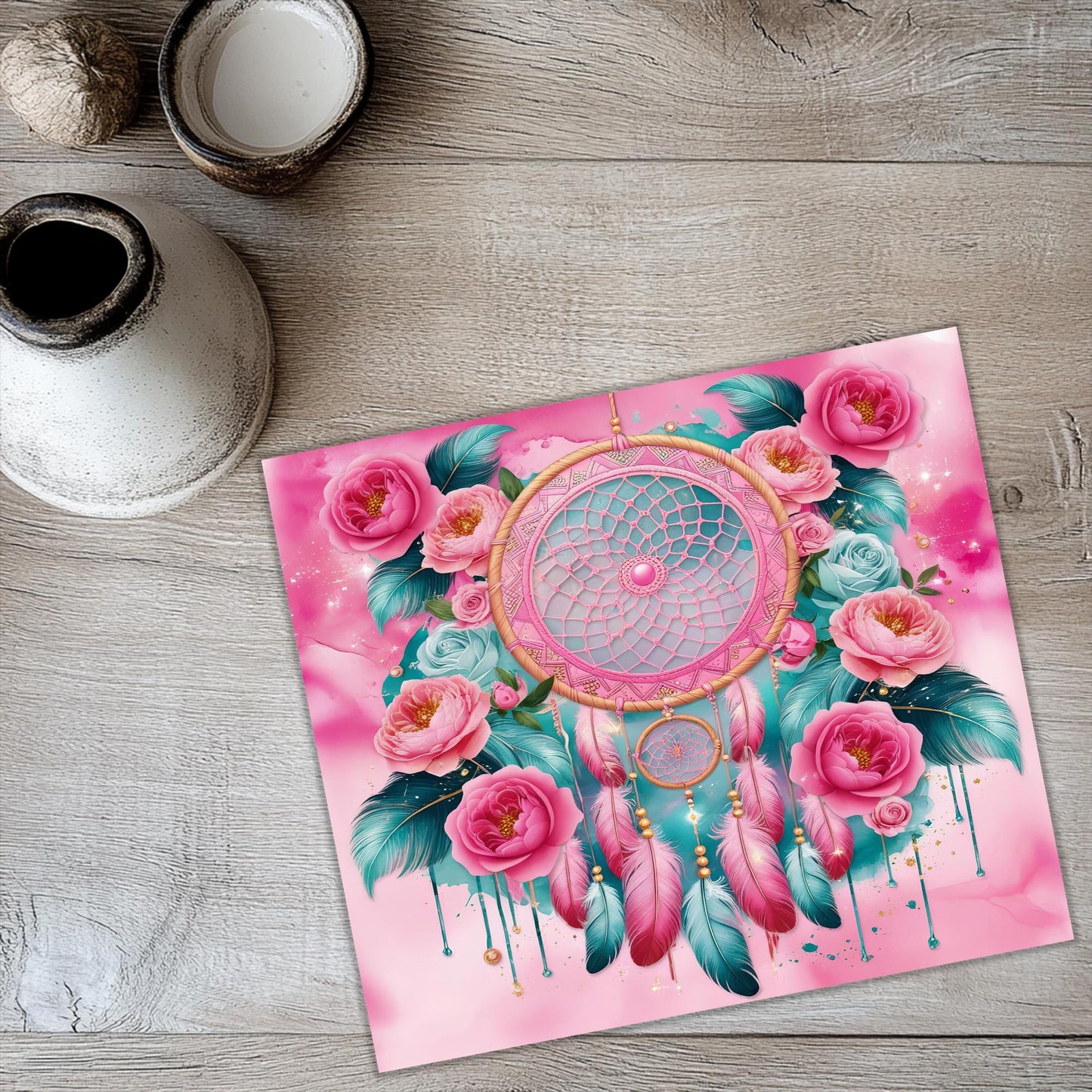 a picture of a dream catcher with pink roses