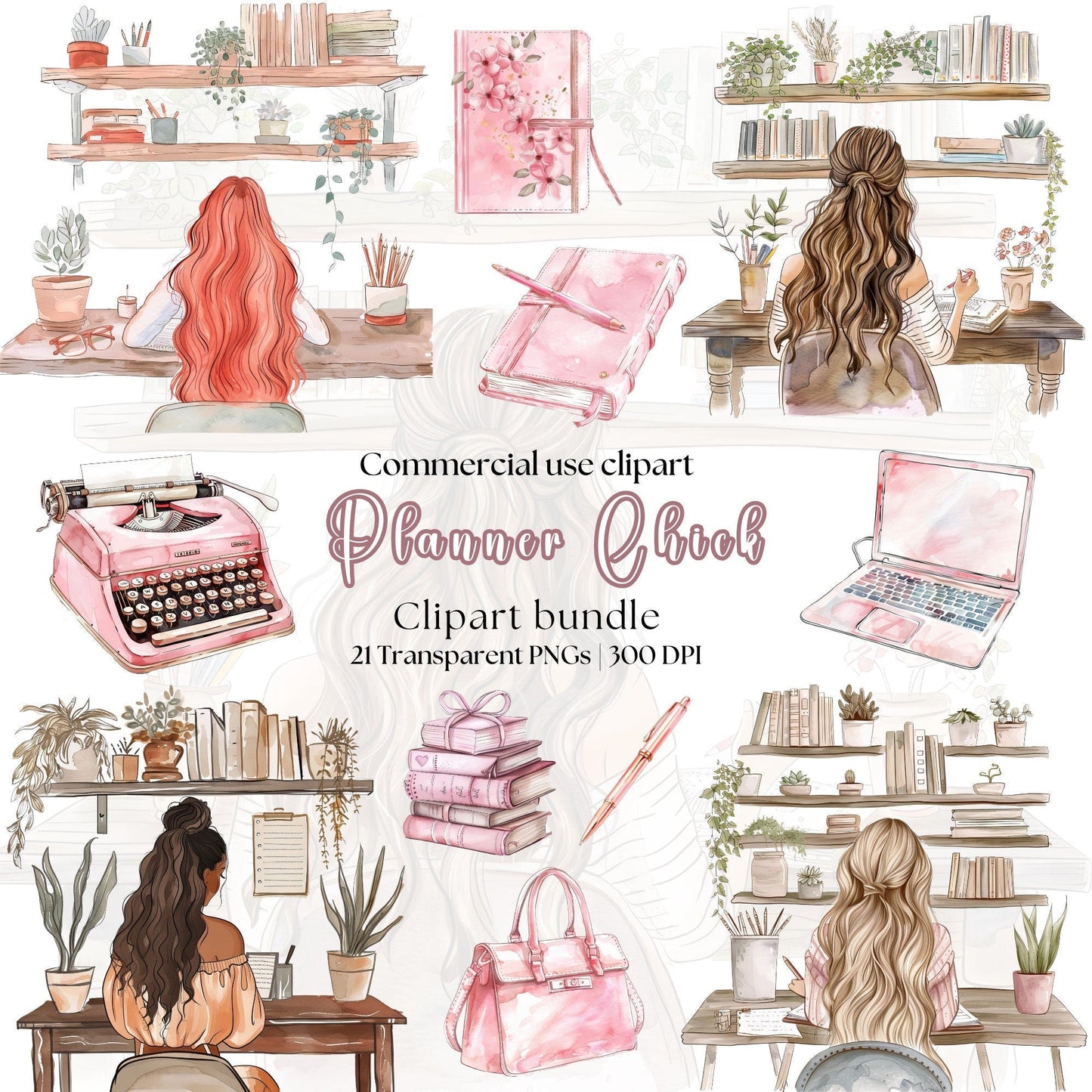 Watercolor Blush Pink Planner Chick Clipart