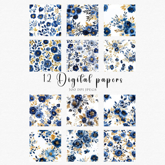 Clipart floral azul real en acuarela