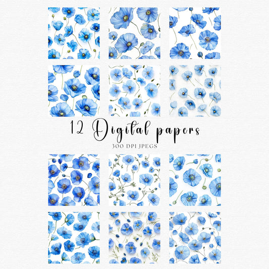 Papeles digitales de amapola azul en acuarela