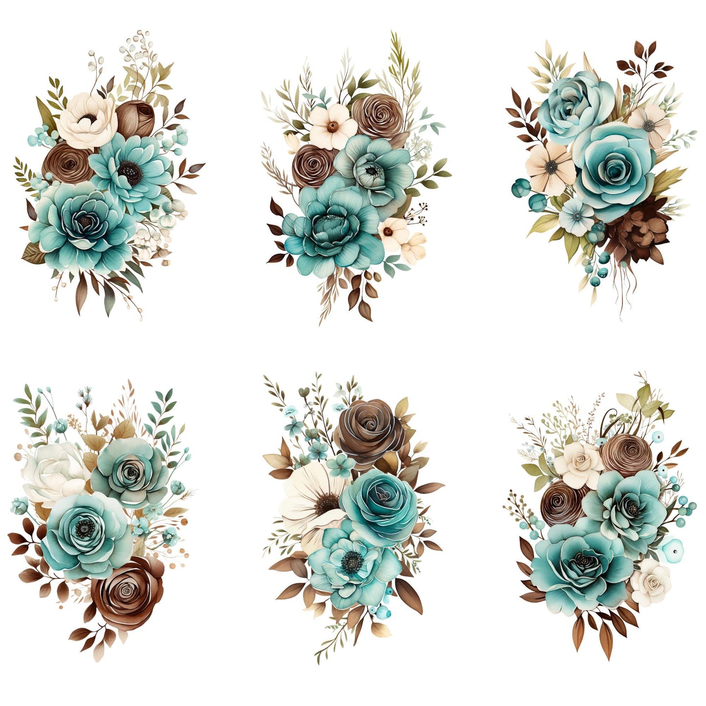 Teal and Chocolate Brown Floral Clipart