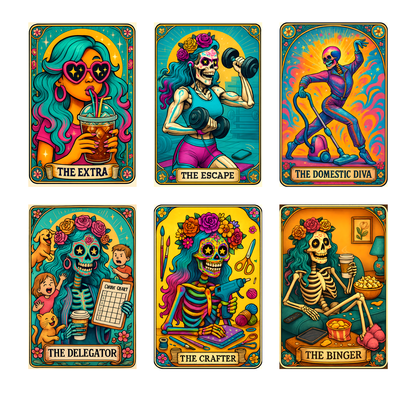 a set of four tarot cards with skeletons