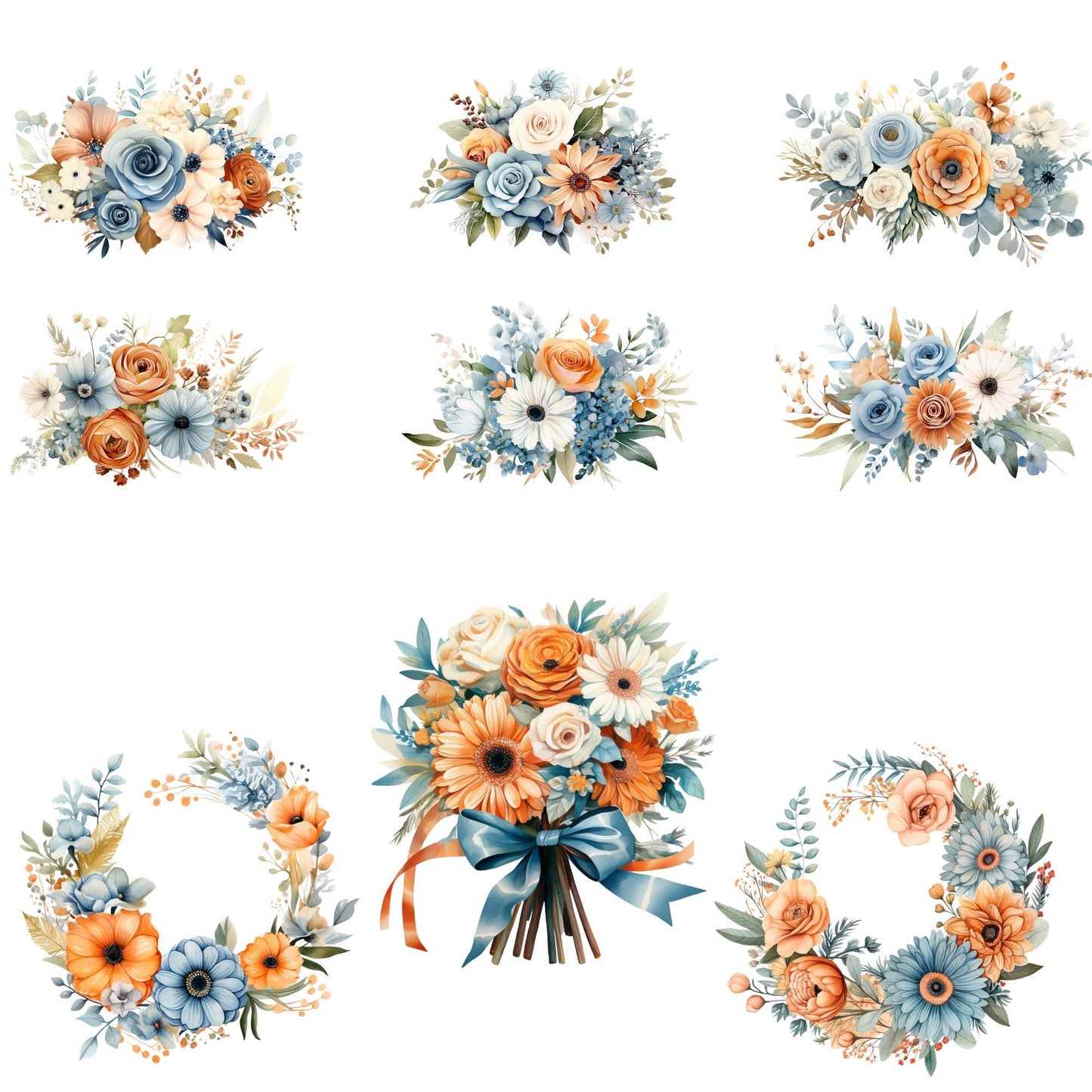 Rustic Terracotta & Dusty Blue Floral Clipart