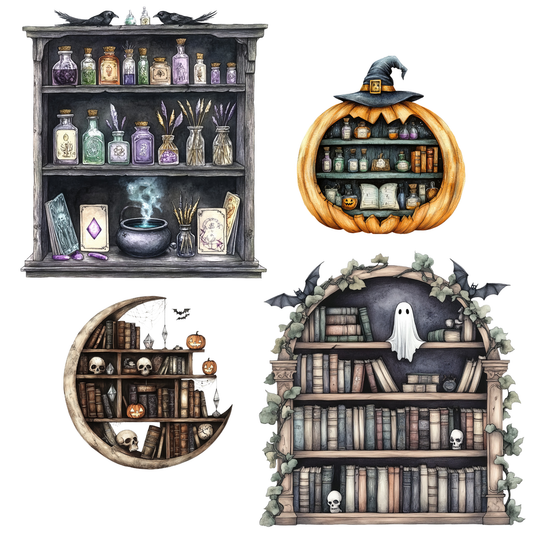 Witchy Bookshelf Clipart – Halloween Book Lover PNG for Magical Projects