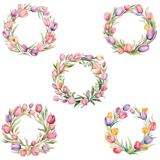 Clipart de corona floral de tulipán en acuarela