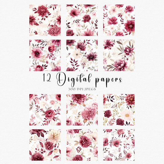 Paquete de papel digital floral burdeos y ruborizado