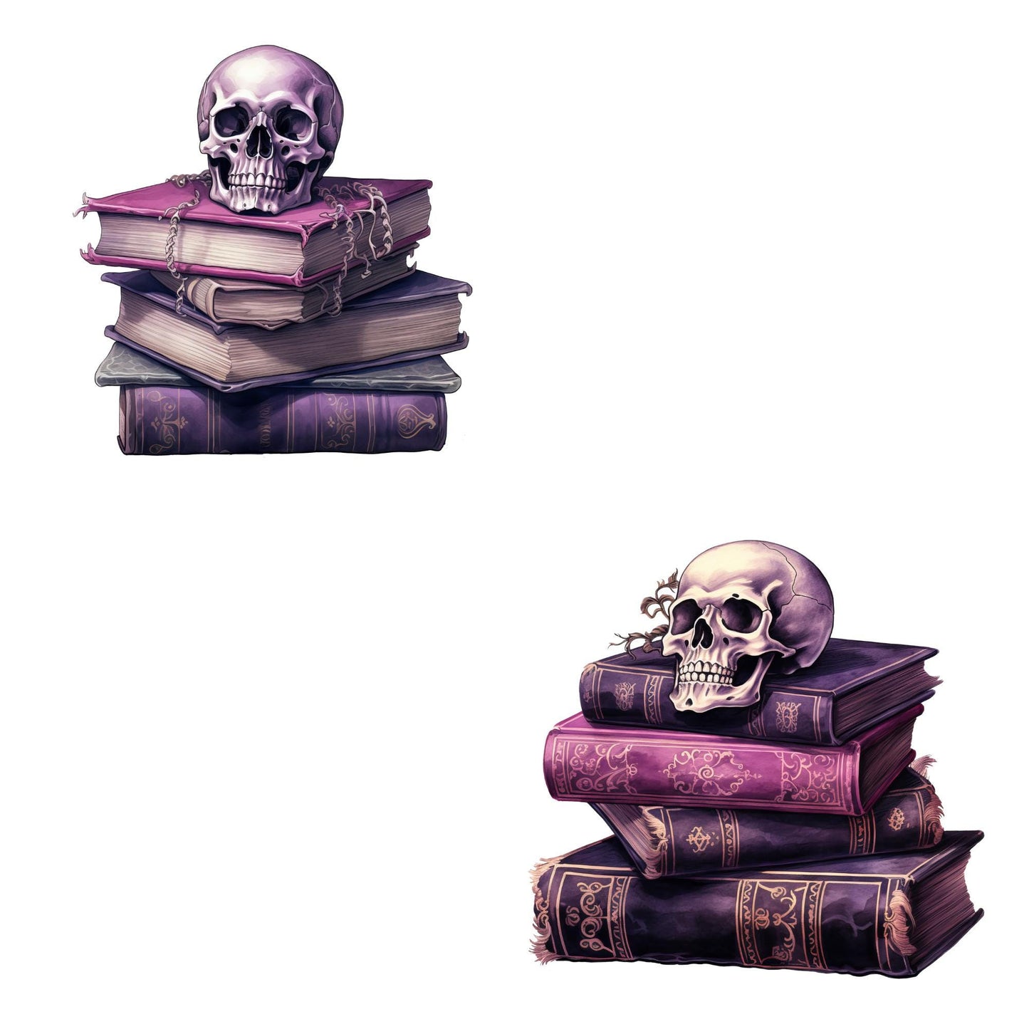 Watercolor Skulls with Books Clipart