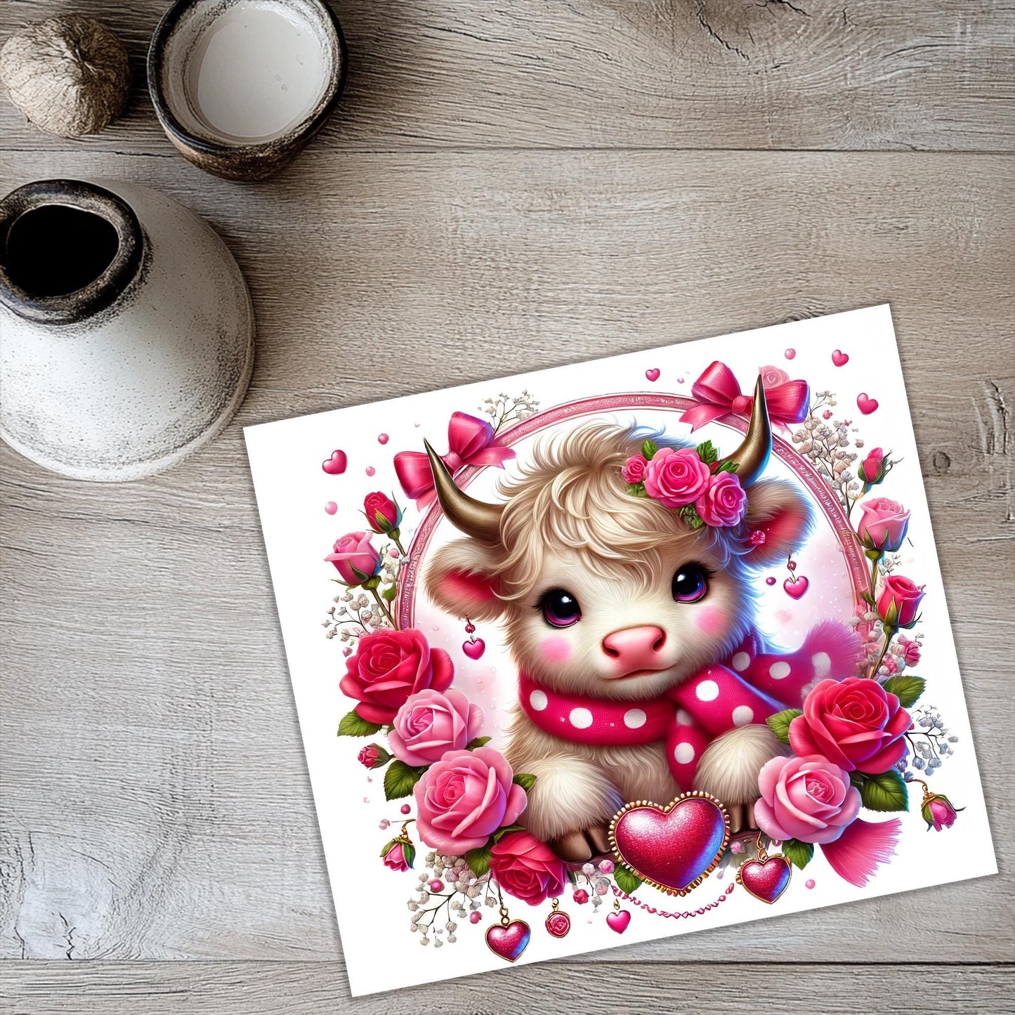 a card with a picture of a cow with roses on it