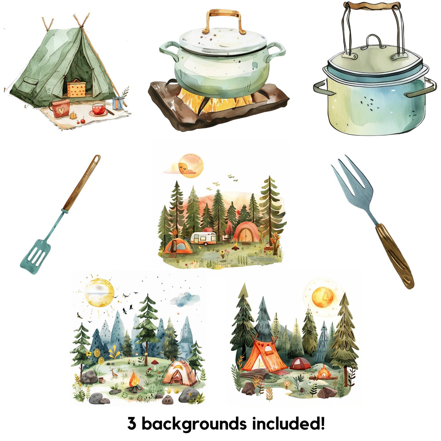 Watercolor Woodland animals go camping clipart