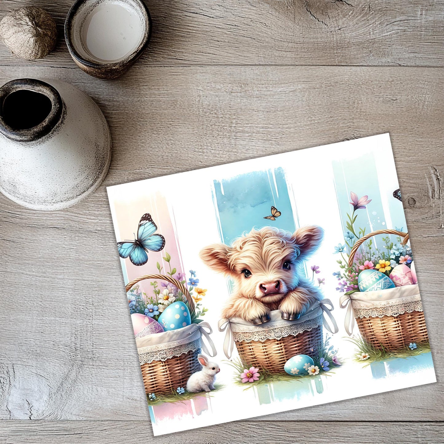 a card with a picture of a dog in a basket