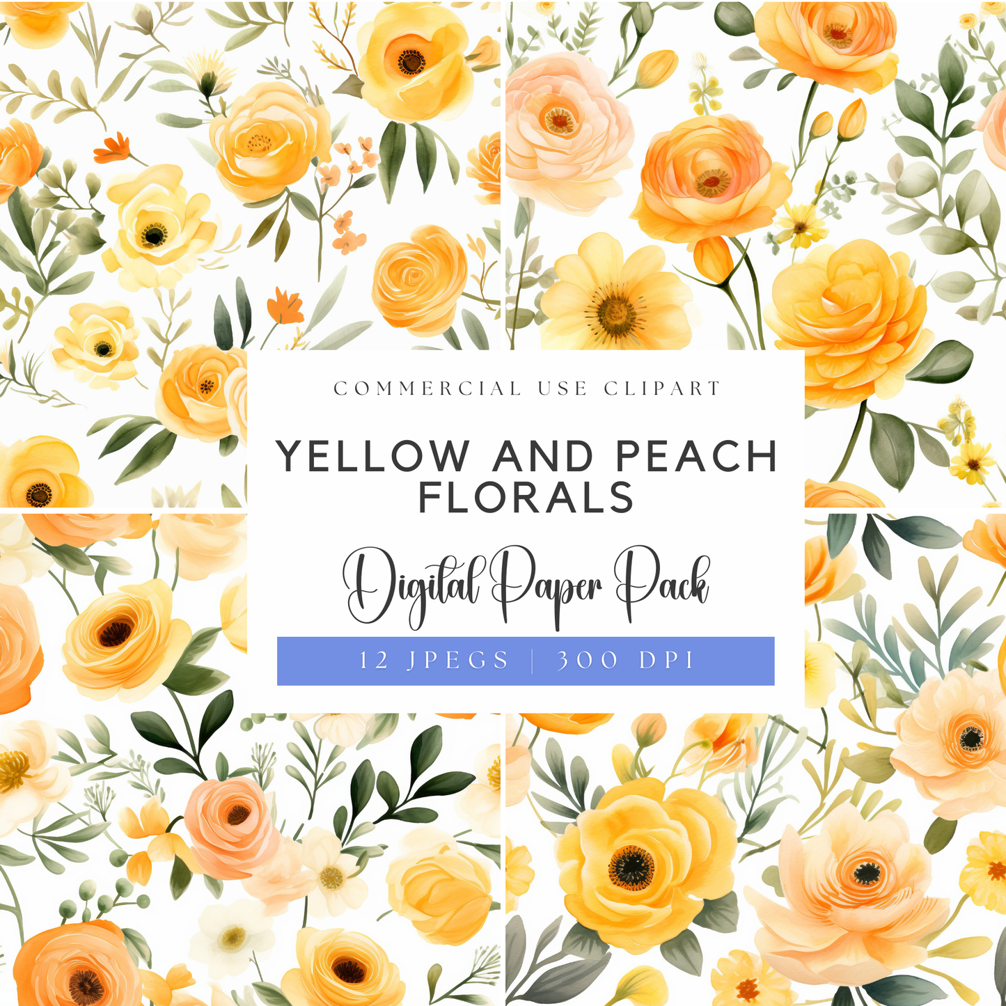 a yellow and peach floral pattern with the words, yellow and peach florals digital