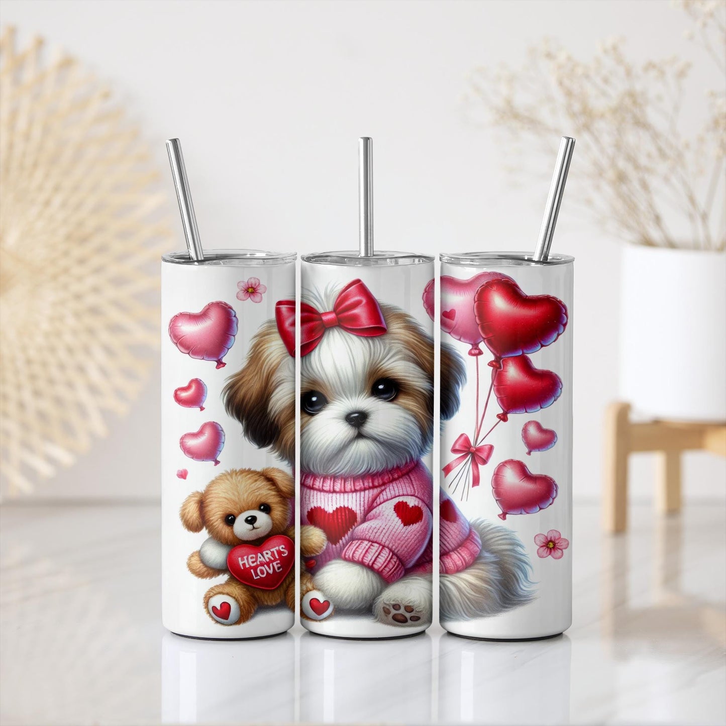 a couple of cups with a dog and a teddy bear on them