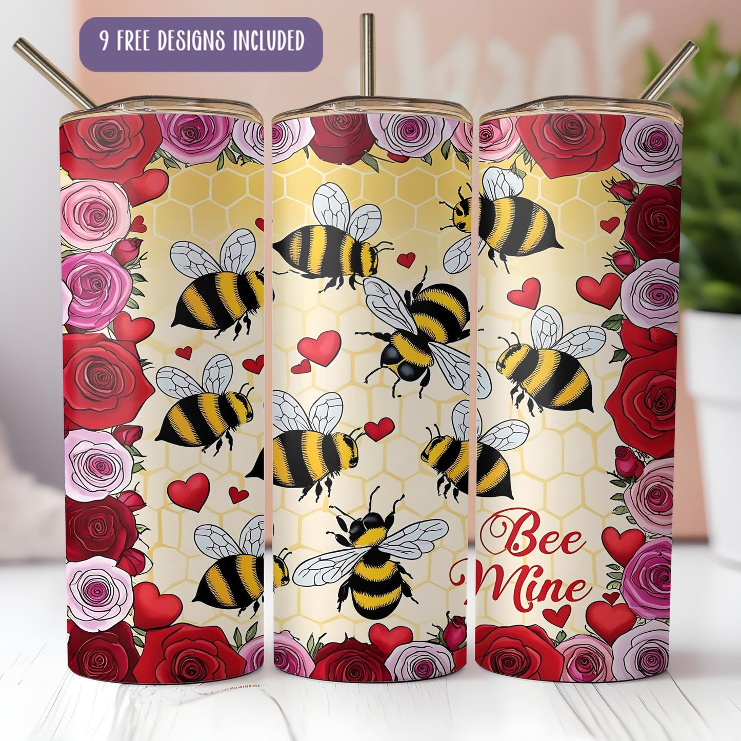 a set of three tumbles with bees and roses on them