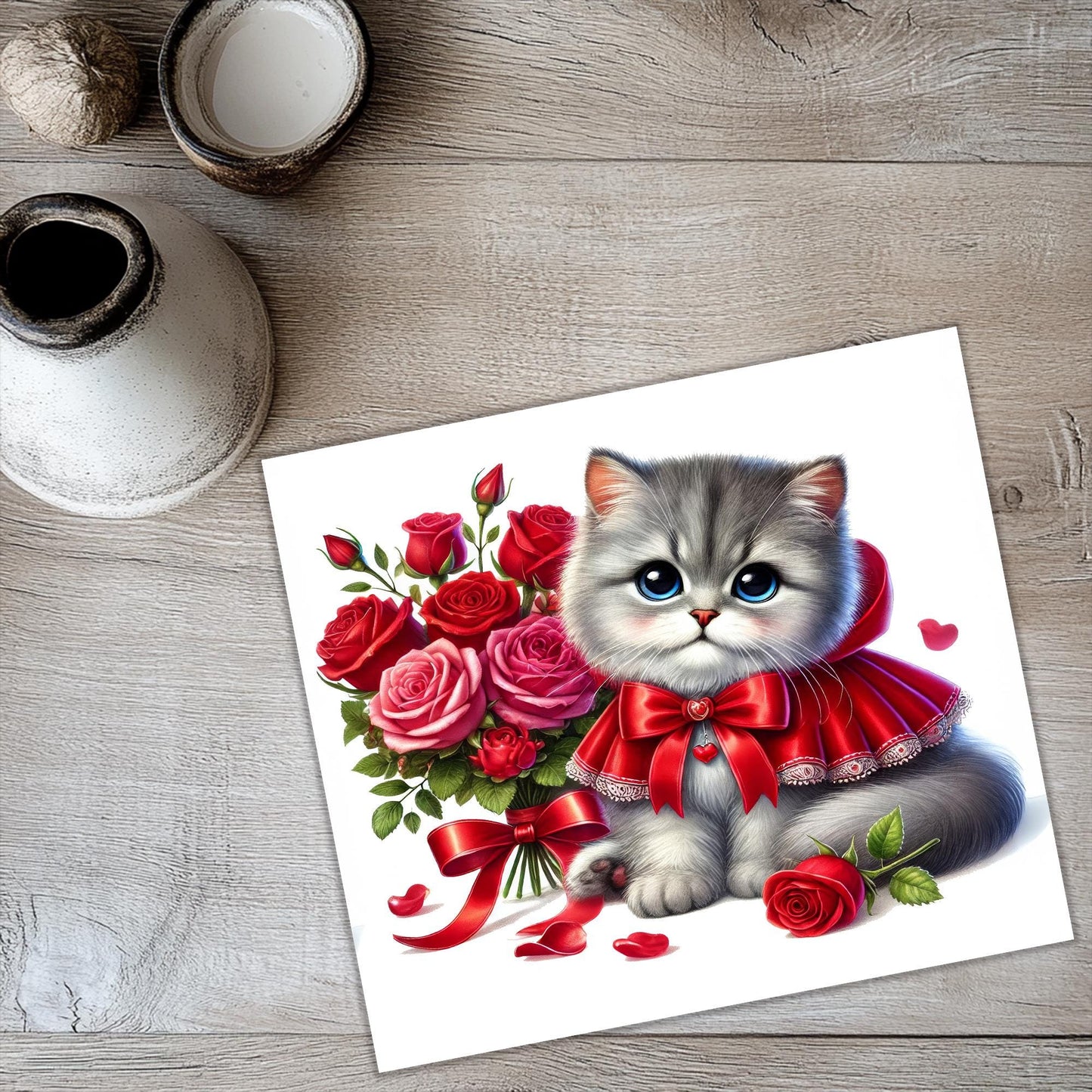 a picture of a cat with roses on a table