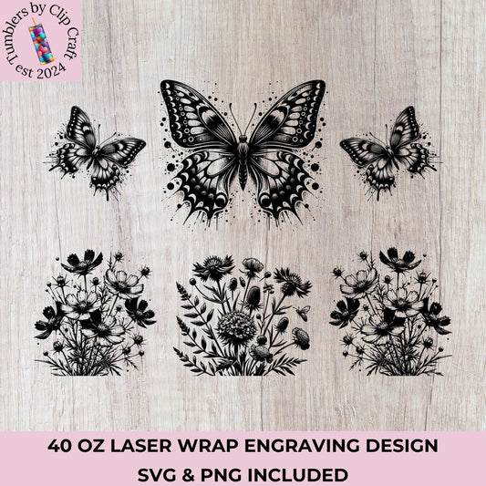 Butterfly Wildflower 40oz Tumbler Laser Engraved Wrap