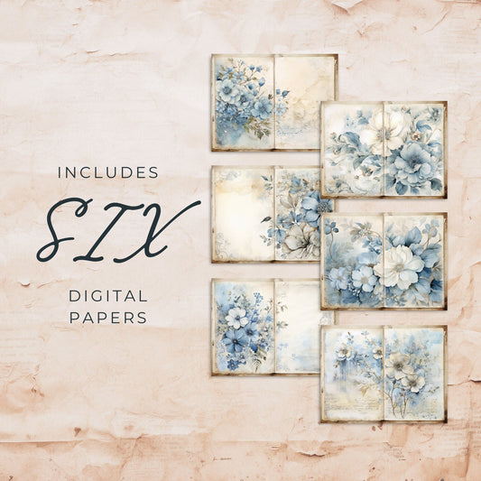 Páginas de diario basura con flores en azul polvoriento