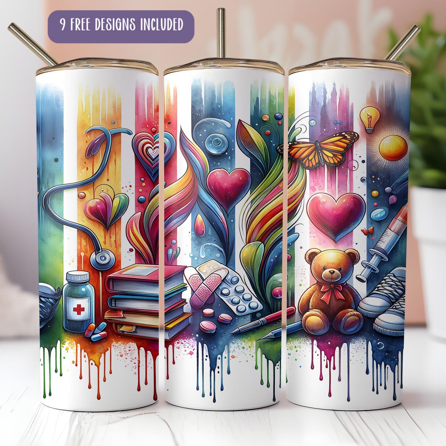 a set of three coffee mugs with different designs on them