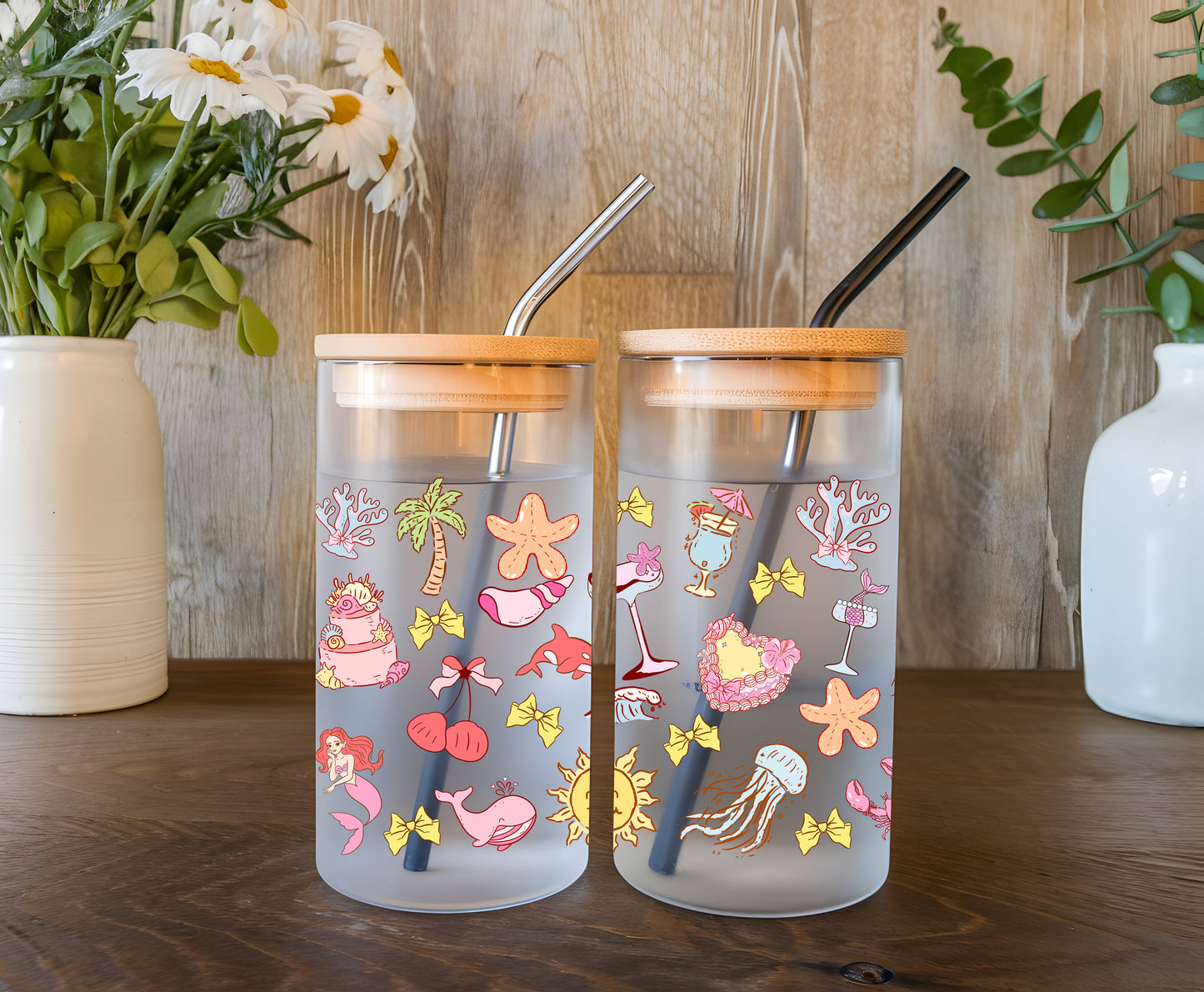 a couple of cups sitting on top of a wooden table
