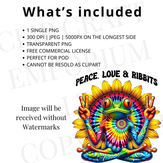 a colorful tie-dye frog with a peace sign, surrounded by a sunflower design.