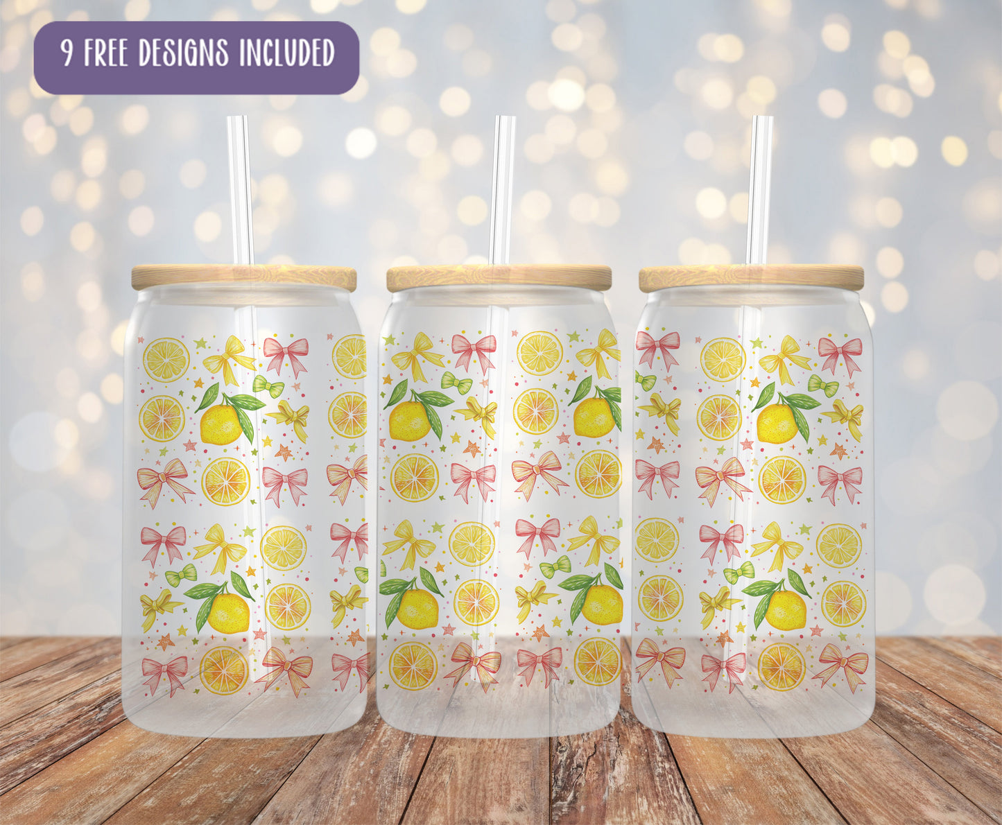 three lemons and bows are on the side of a mason jar