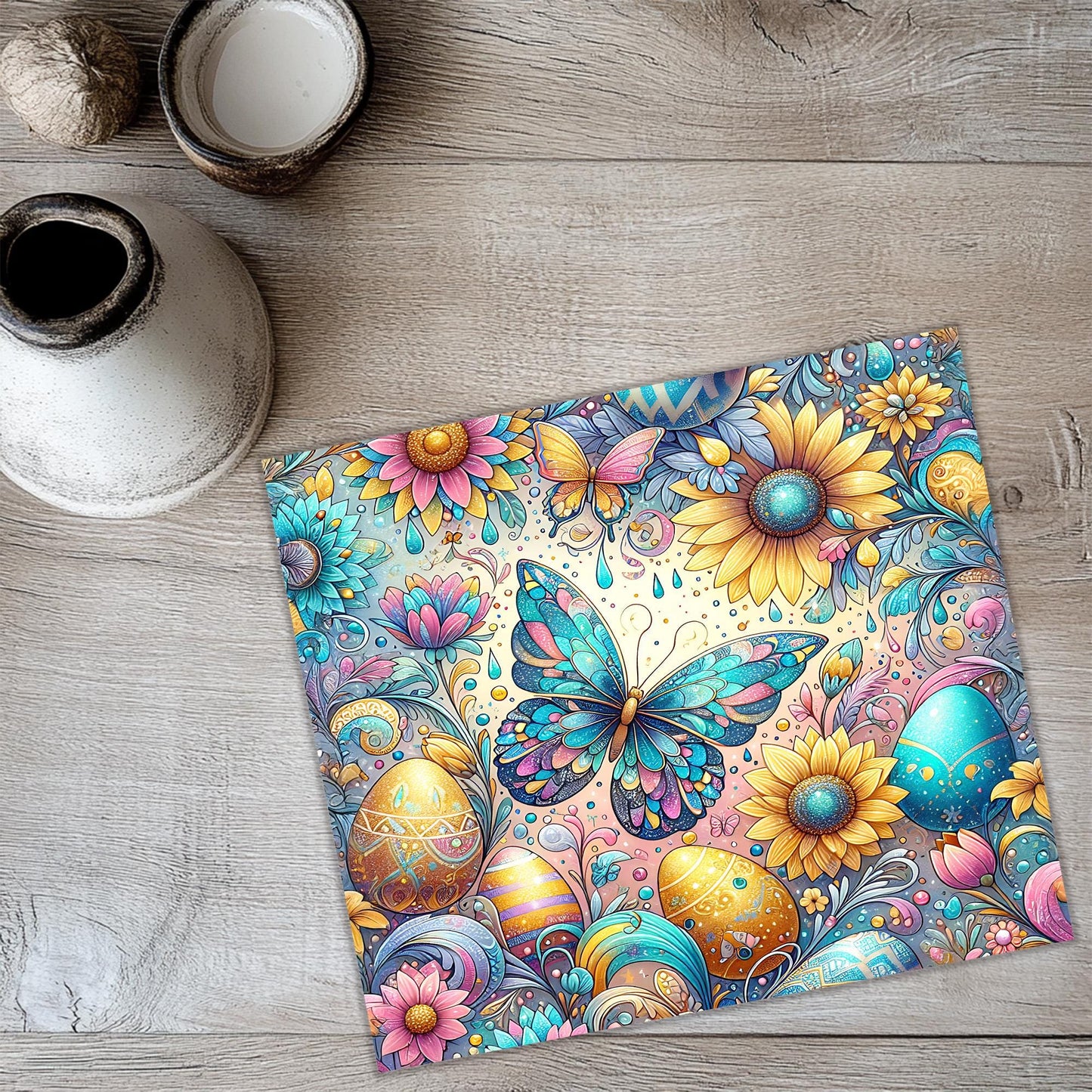 a painting of flowers and butterflies on a wooden floor