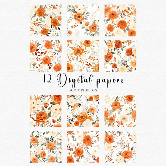 Burnt Orange and Ivory Floral Digital Papers