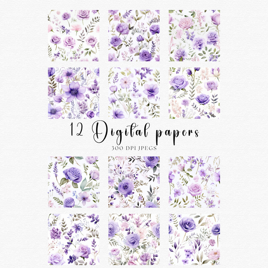 12 digital papers with purple flowers and greenery