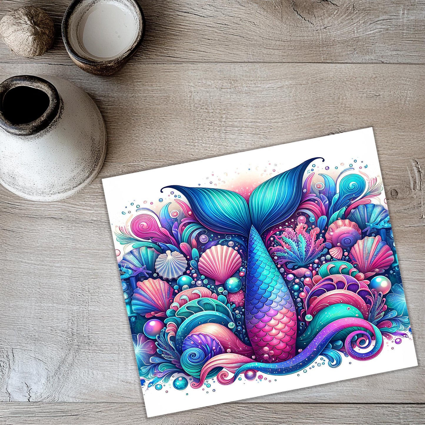 a painting of a mermaid with a blue tail