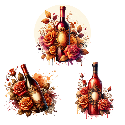 a set of three wine bottles with roses on them