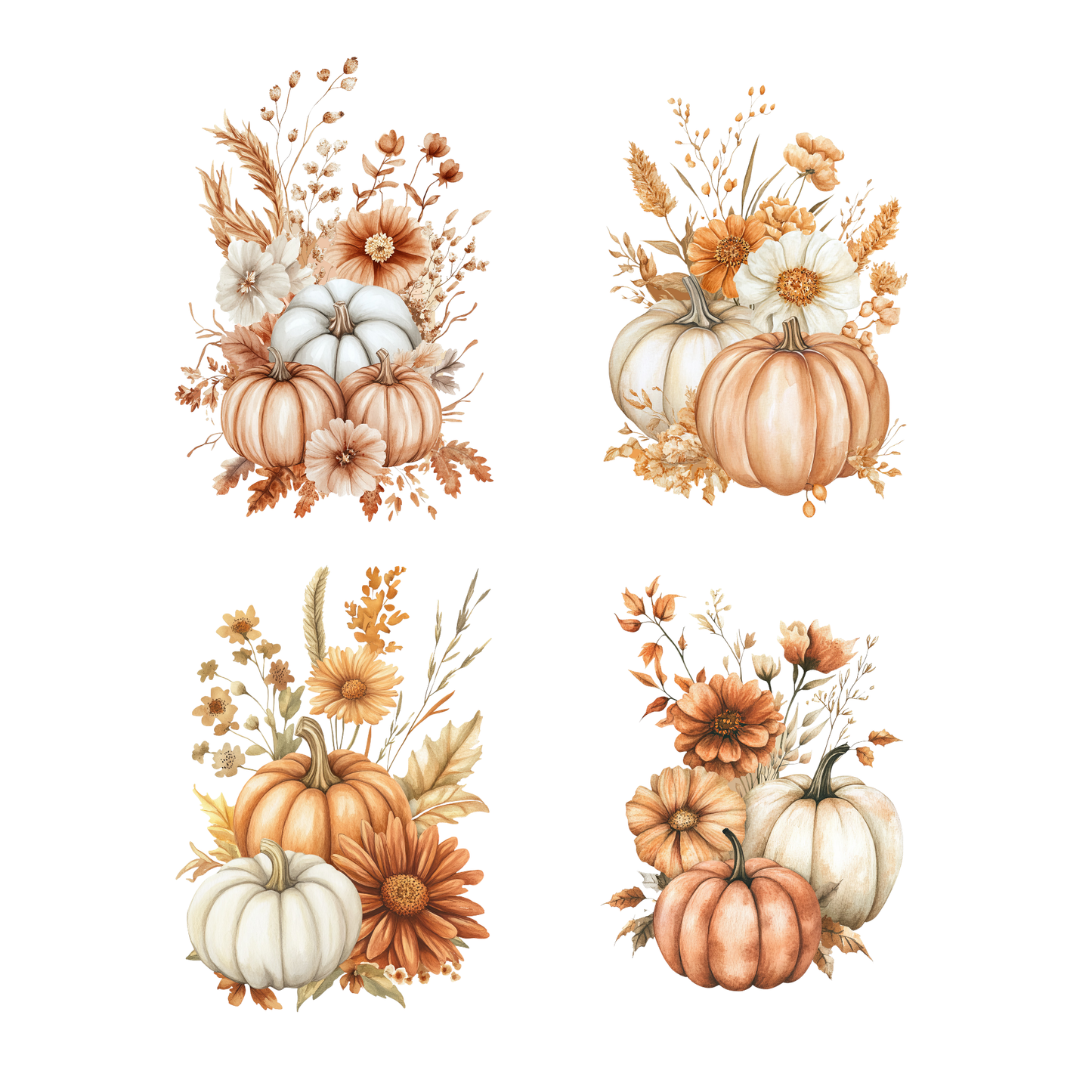 a set of four watercolor paintings of pumpkins and flowers