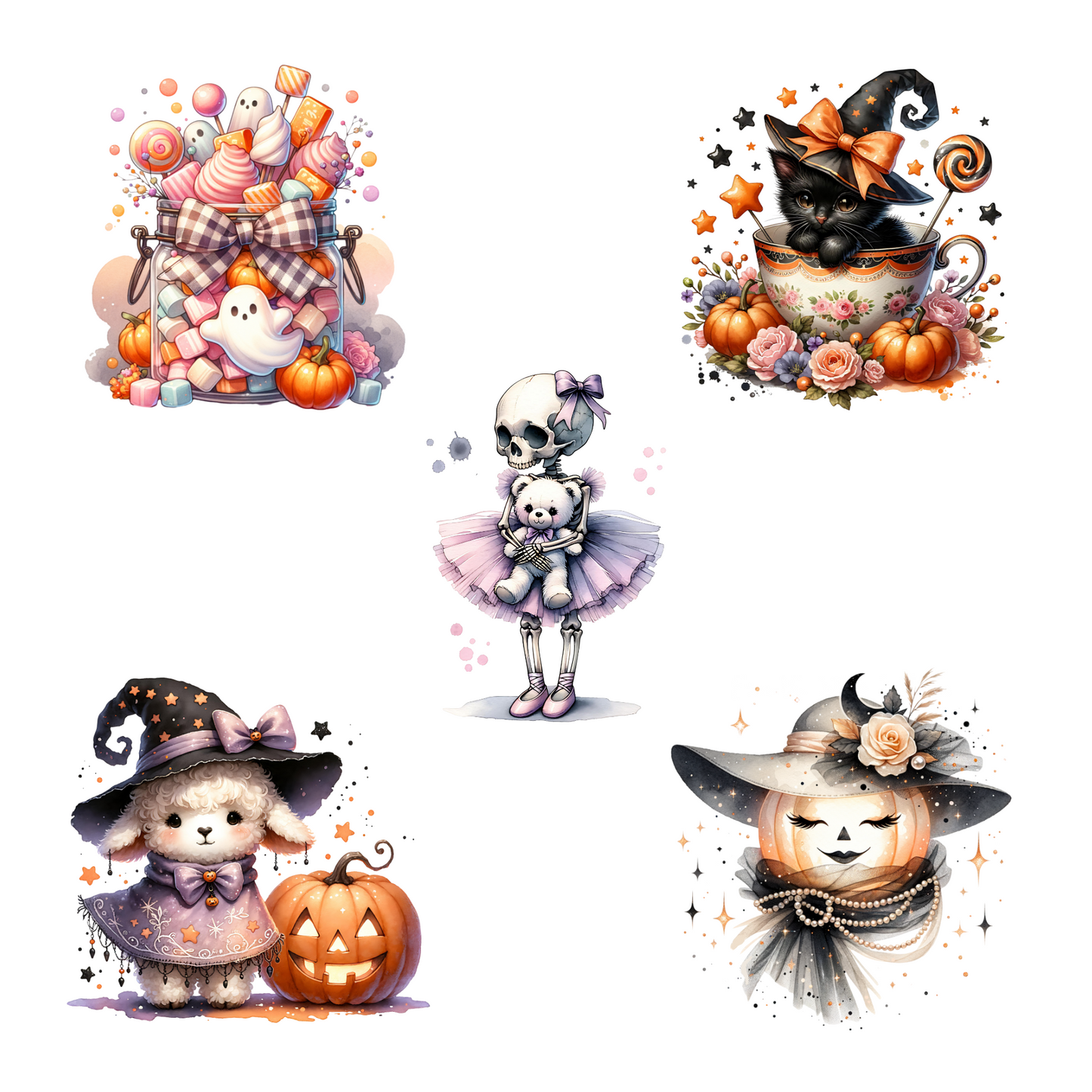 Coquette Halloween Clipart PNG – Cute Ghost and Pumpkin Sublimation Elements