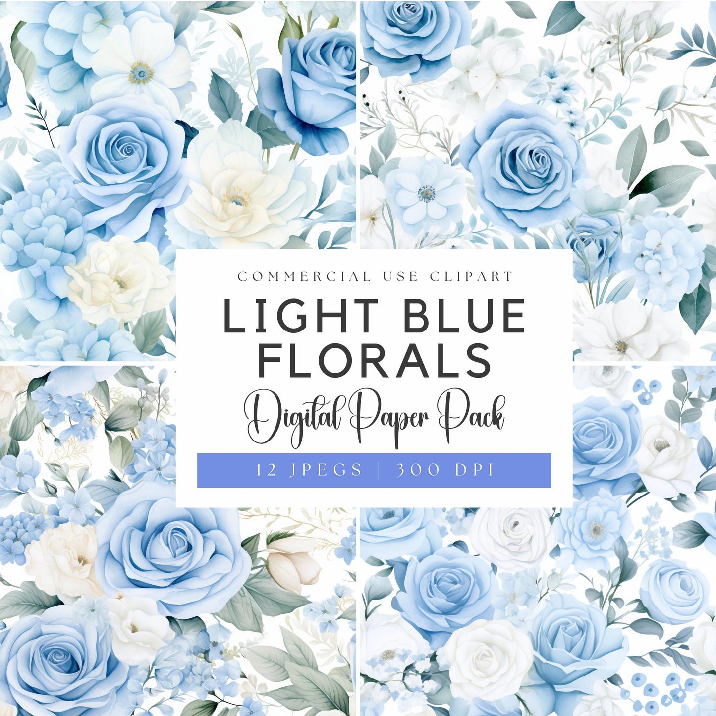 Watercolor Light Blue Floral Digital Papers