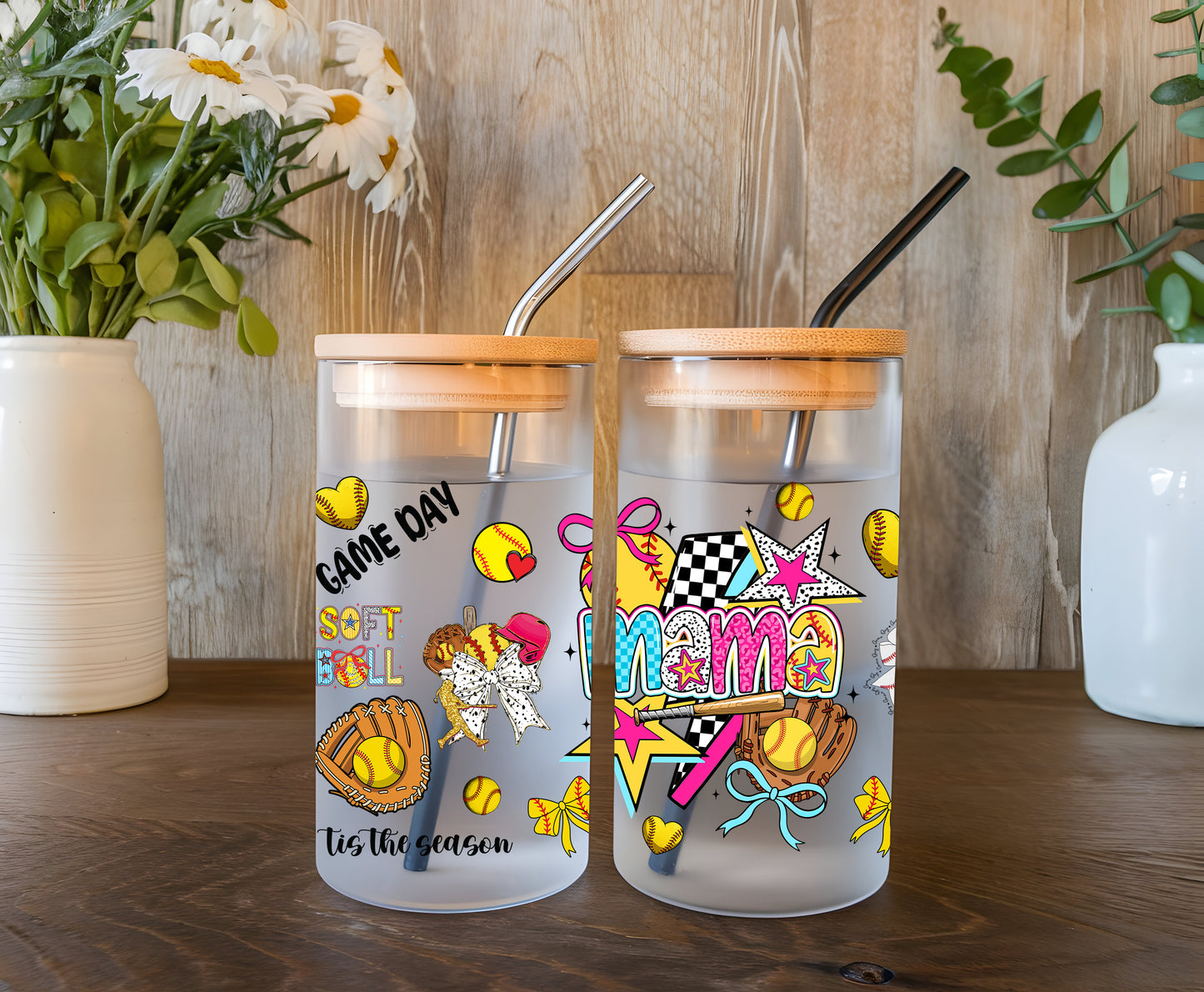 a couple of cups sitting on top of a wooden table