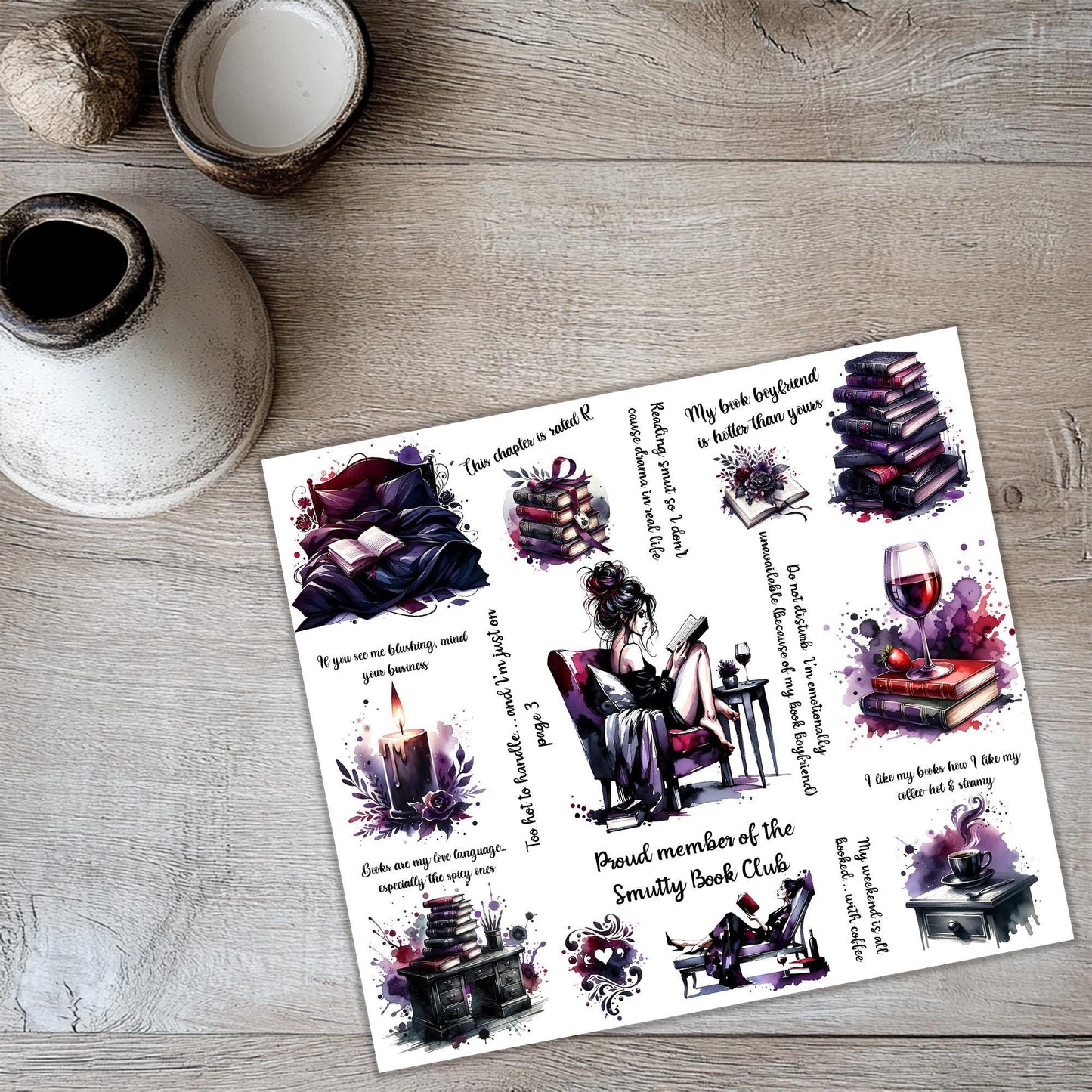 a sticker sheet with a picture of a woman sitting in a chair