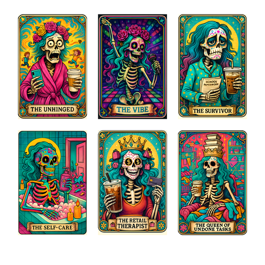 a set of four playing cards with skeletons