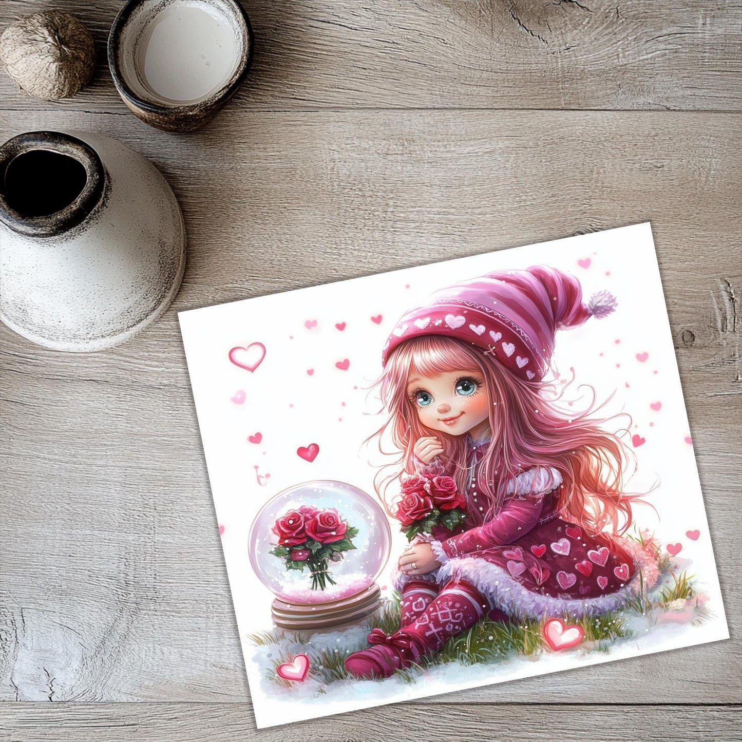 a painting of a girl with a snow globe