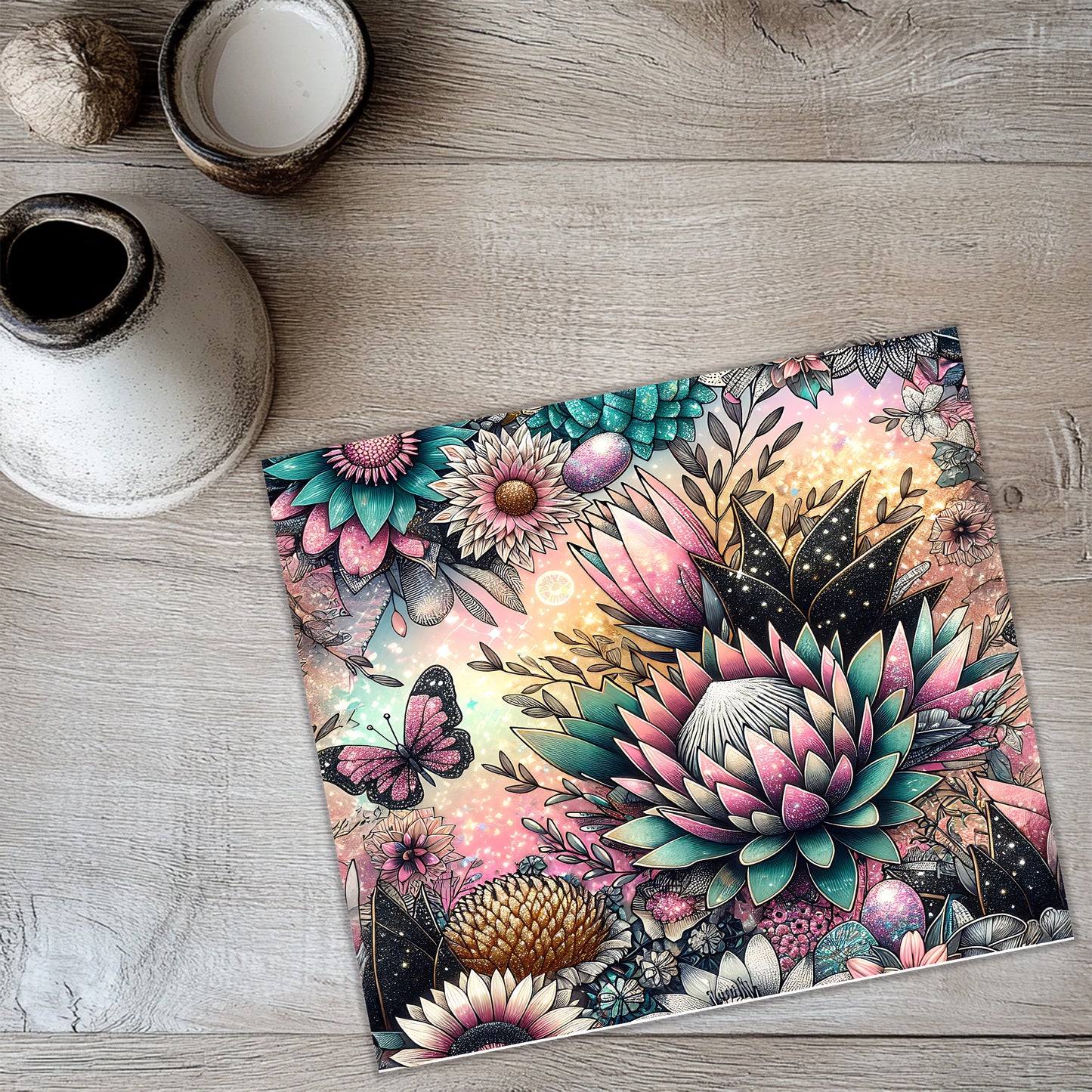 a painting of flowers and butterflies on a table
