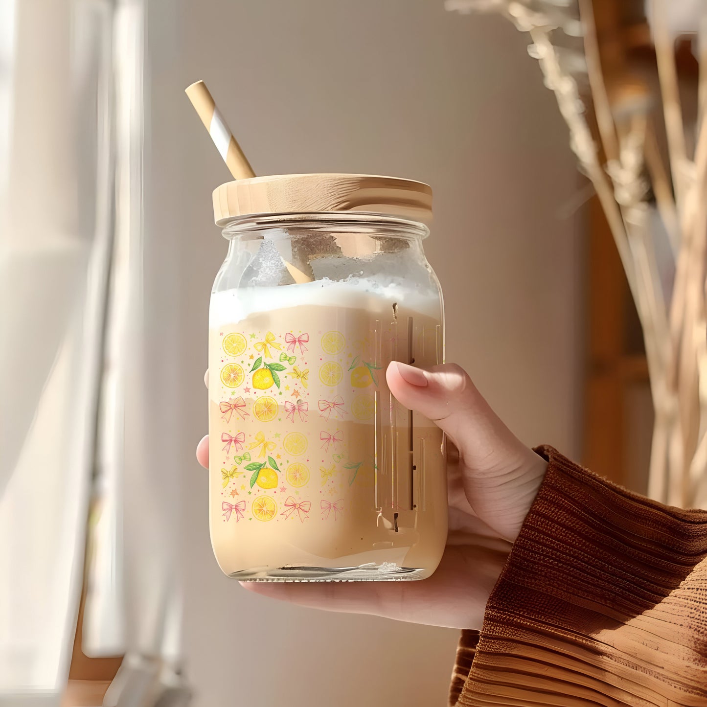 a person holding a mason jar with a straw in it