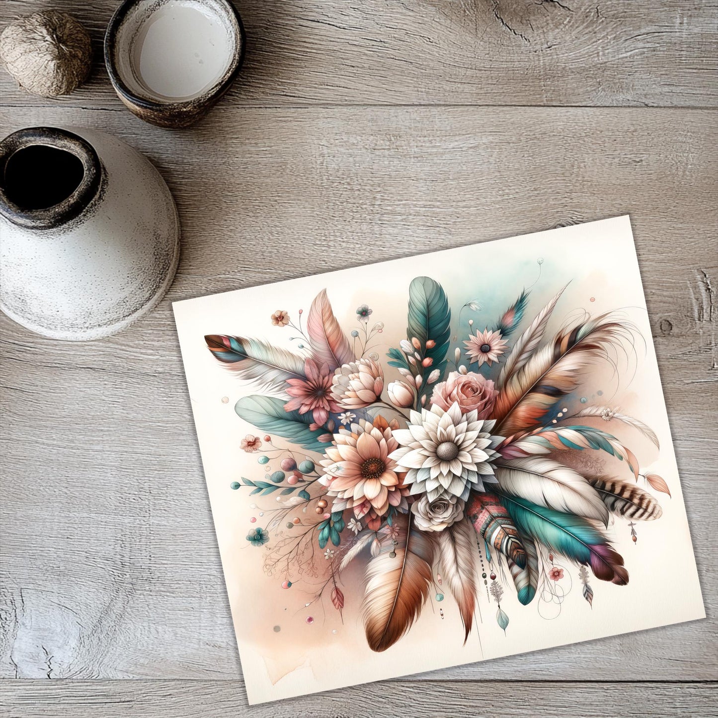 a painting of flowers and feathers on a table