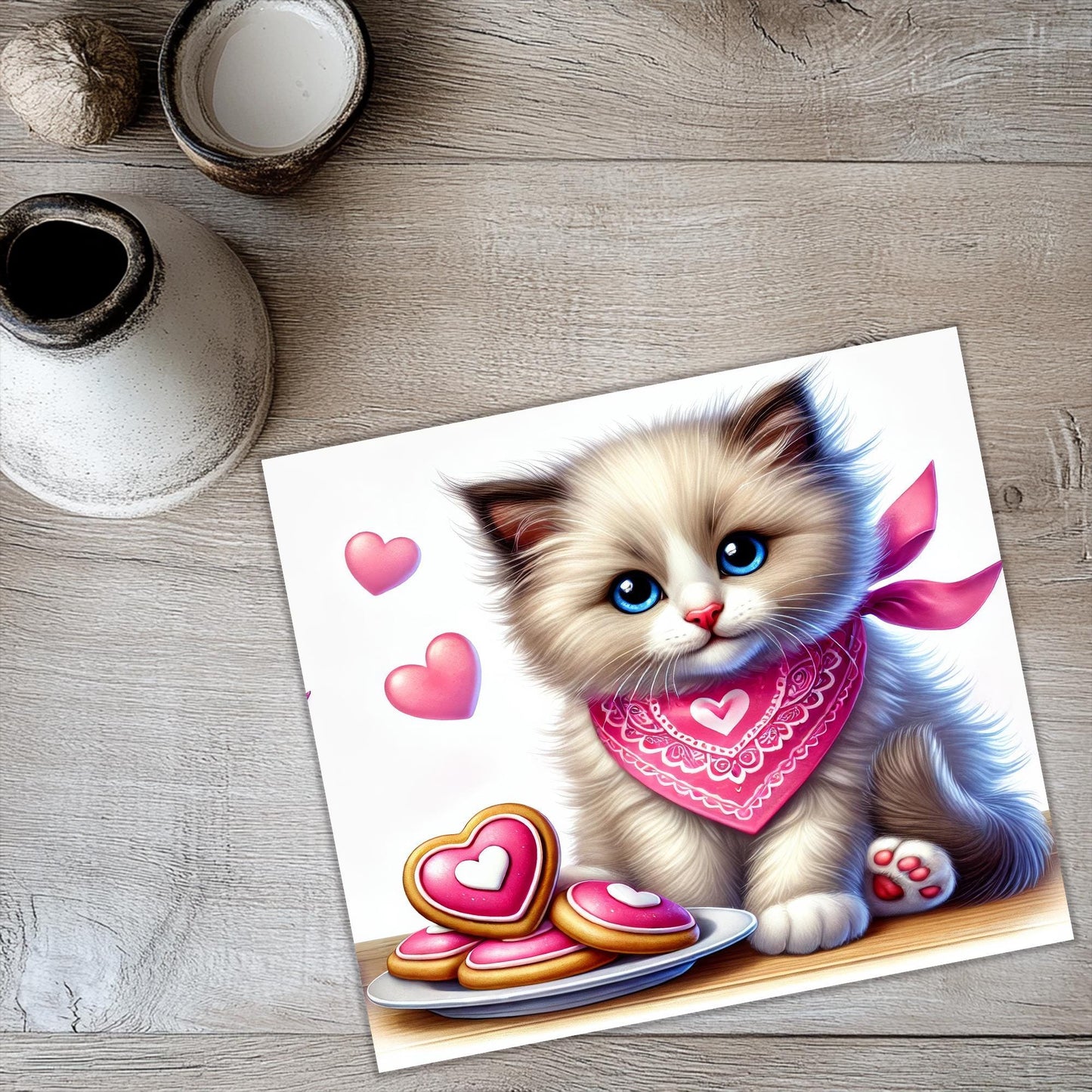 a painting of a kitten with a pink scarf