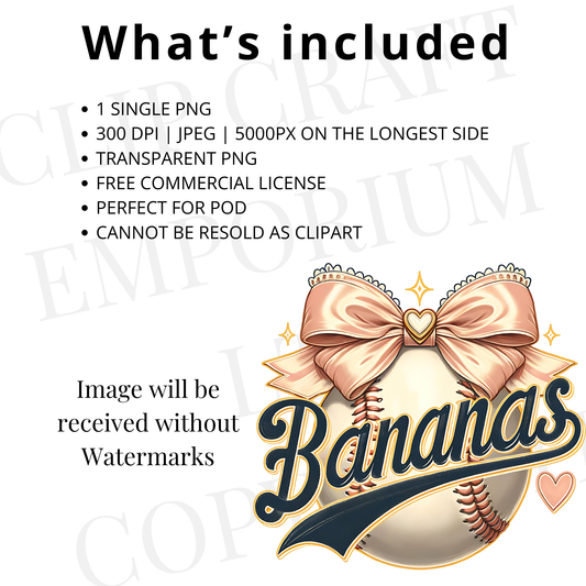 Bananas Baseball Coquette Bow PNG – Funny Mascot Sublimation Design