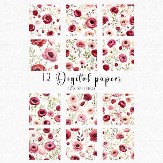 Papeles digitales con acuarela ruborizada y ranúnculos rojos