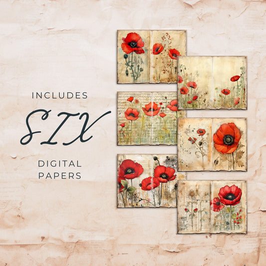 Páginas del diario basura floral de amapola, vol. 1 | 6 páginas del diario digital floral | Álbum de recortes de amapola | Diario de verano | Tamaño de papel EE. UU. | JJ011