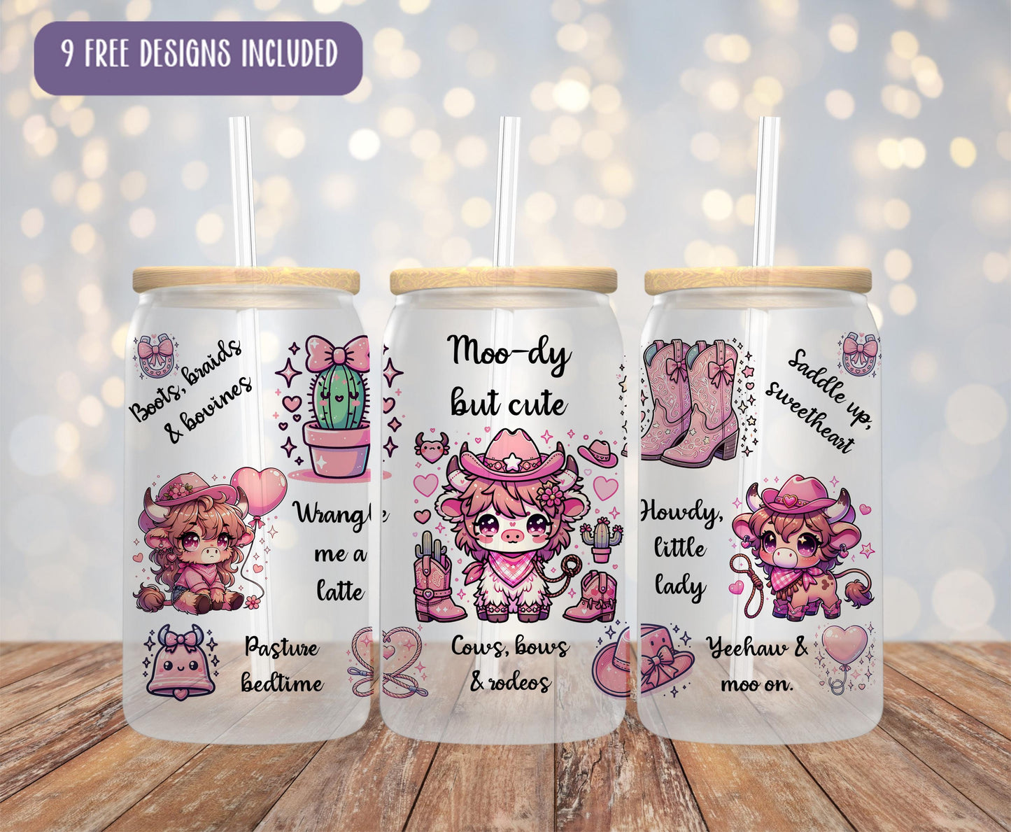 a set of three personalized tumbles with a picture of a cowgirl and