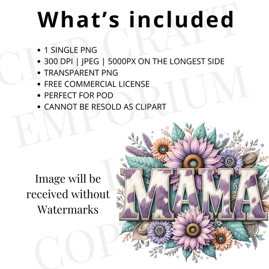 Mama Cowhide Sunflower PNG – Western Sublimation Design for Country Moms