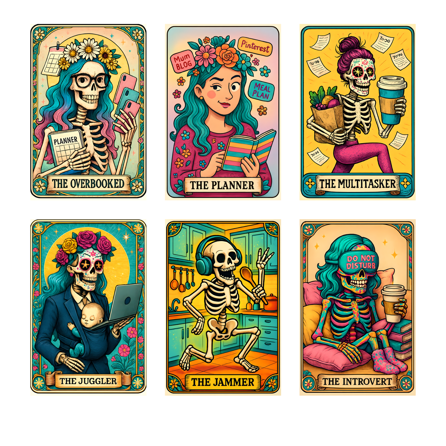 a set of four playing cards with skeletons
