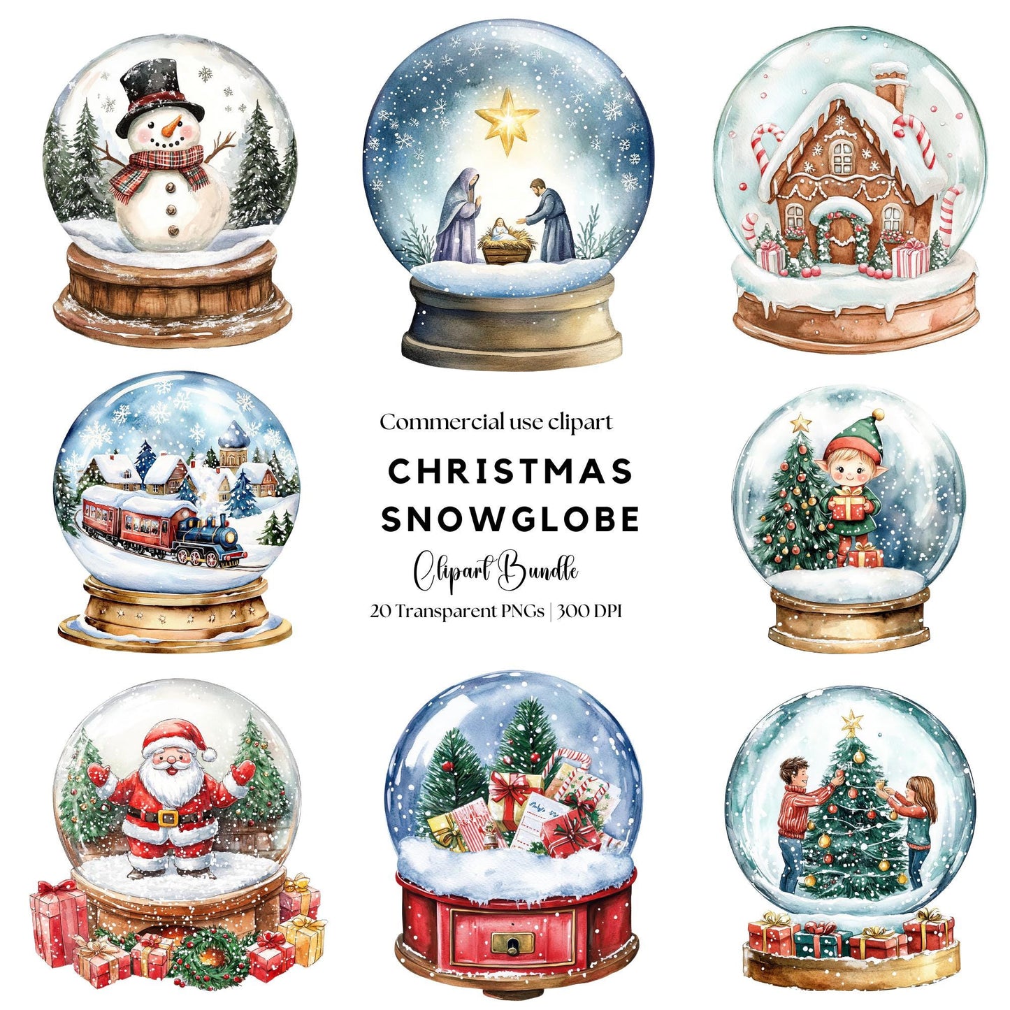 Watercolor Christmas Snowglobe Clipart