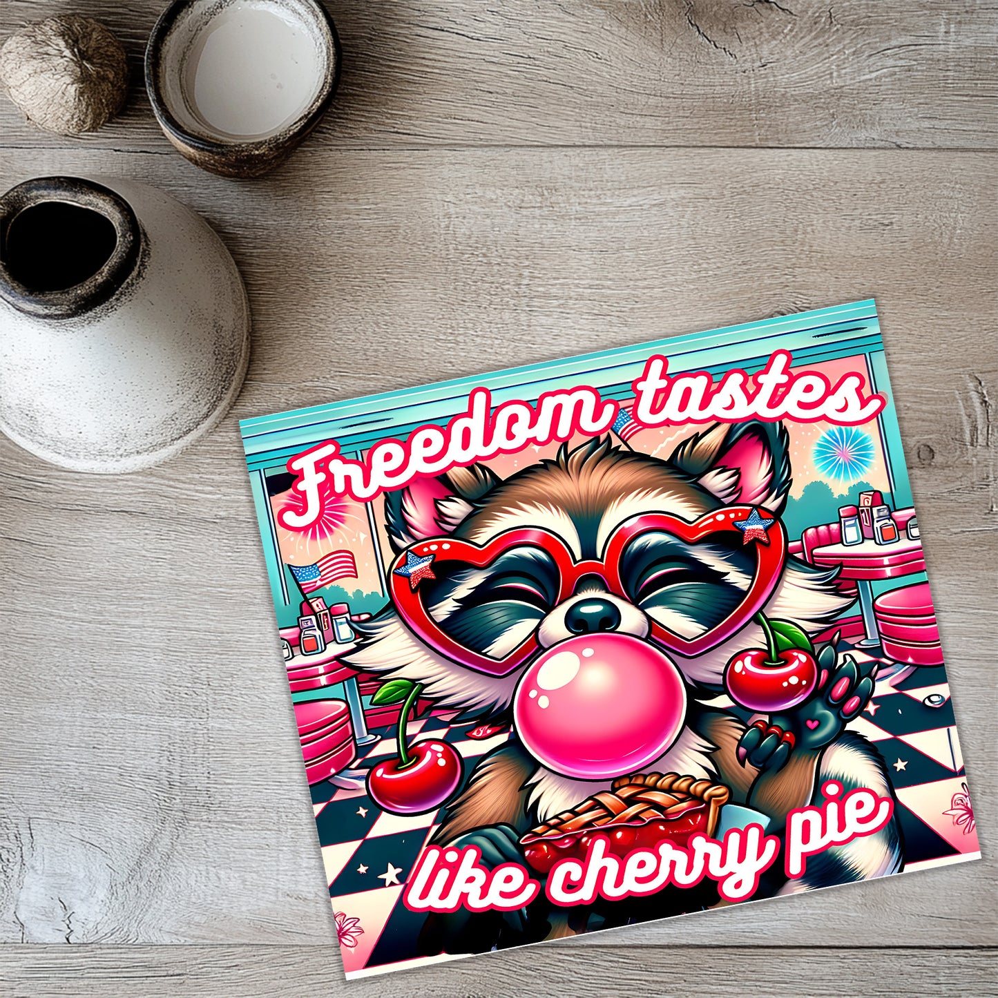a card with a raccoon wearing a clown mask