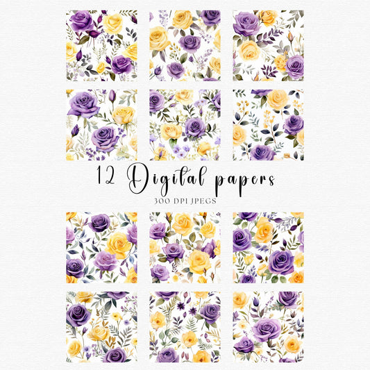 Papeles digitales morado oscuro, lila y rosa amarilla